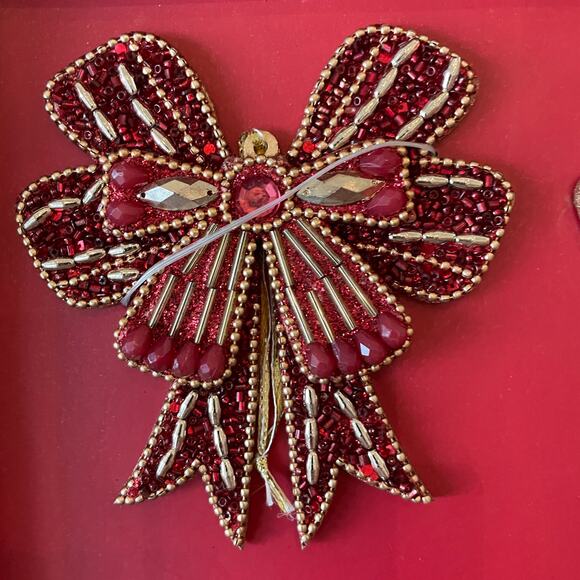 Sugarplum Dreams Beaded Bow Ornaments Set of 4 Holiday Red & Gold Glam New - Picture 11 of 13